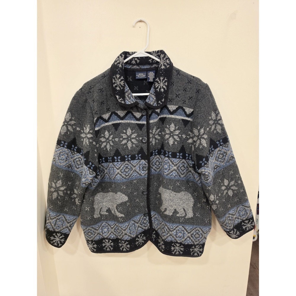 Fair Isle Bear Sweater Jacket Women's XL Snowflake Nordic Button Front Cozy